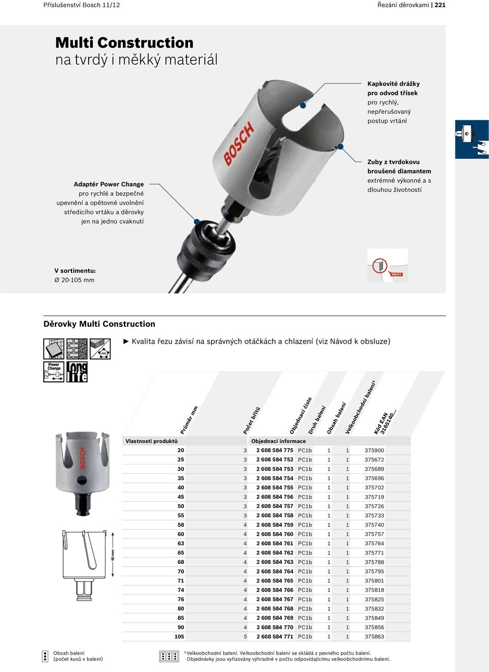 Construction Kvalita řezu závisí na správných otáčkách a chlazení (viz Návod k obsluze) Počet břitů 20 3 2 608 584 775 PC1b 1 1 375900 25 3 2 608 584 752 PC1b 1 1 375672 30 3 2 608 584 753 PC1b 1 1