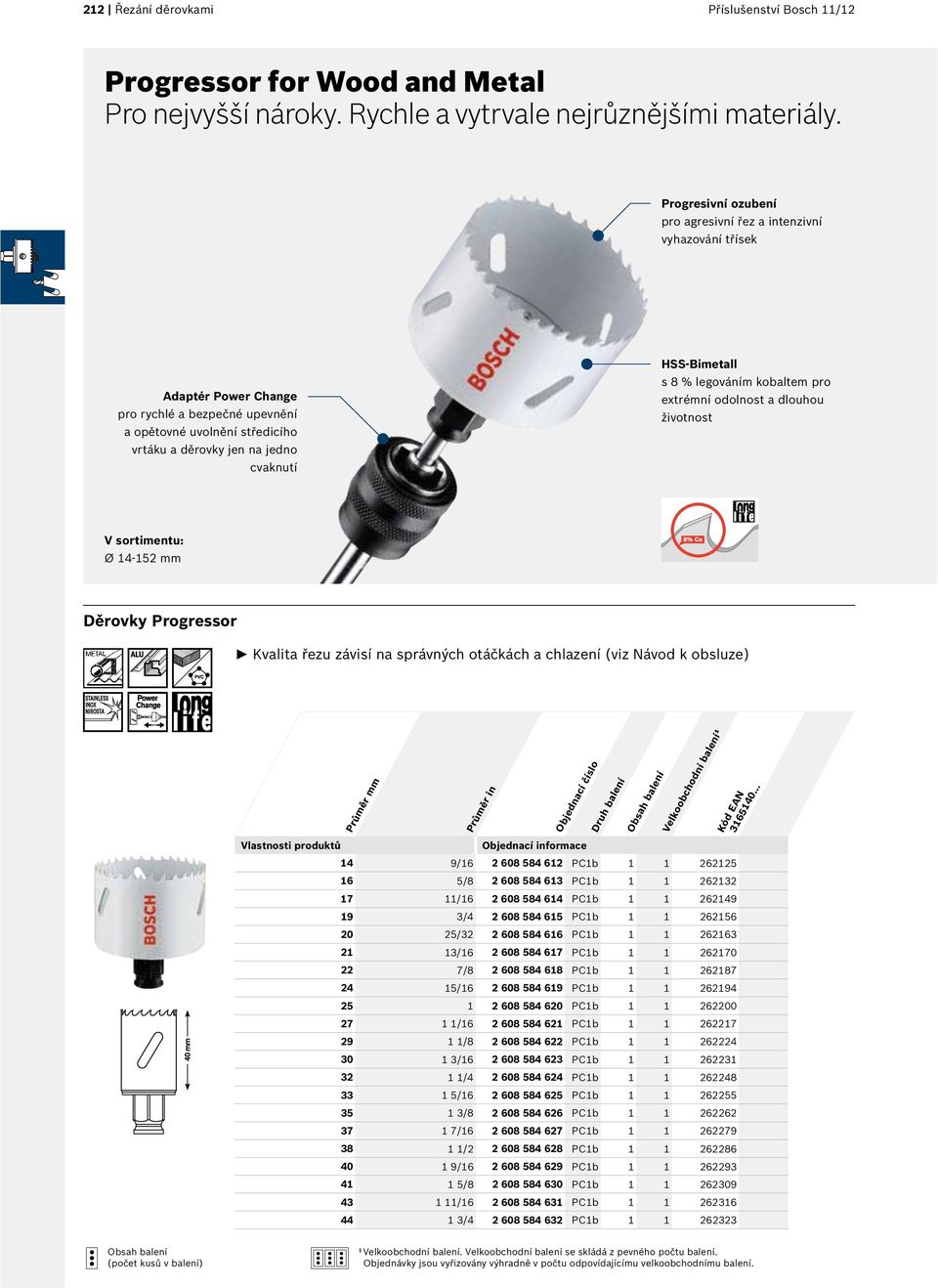 kobaltem pro extrémní odolnost a dlouhou životnost V sortimentu: Ø 14-152 mm Děrovky Progressor Kvalita řezu závisí na správných otáčkách a chlazení (viz Návod k obsluze) Průměr in 14 9/16 2 608 584