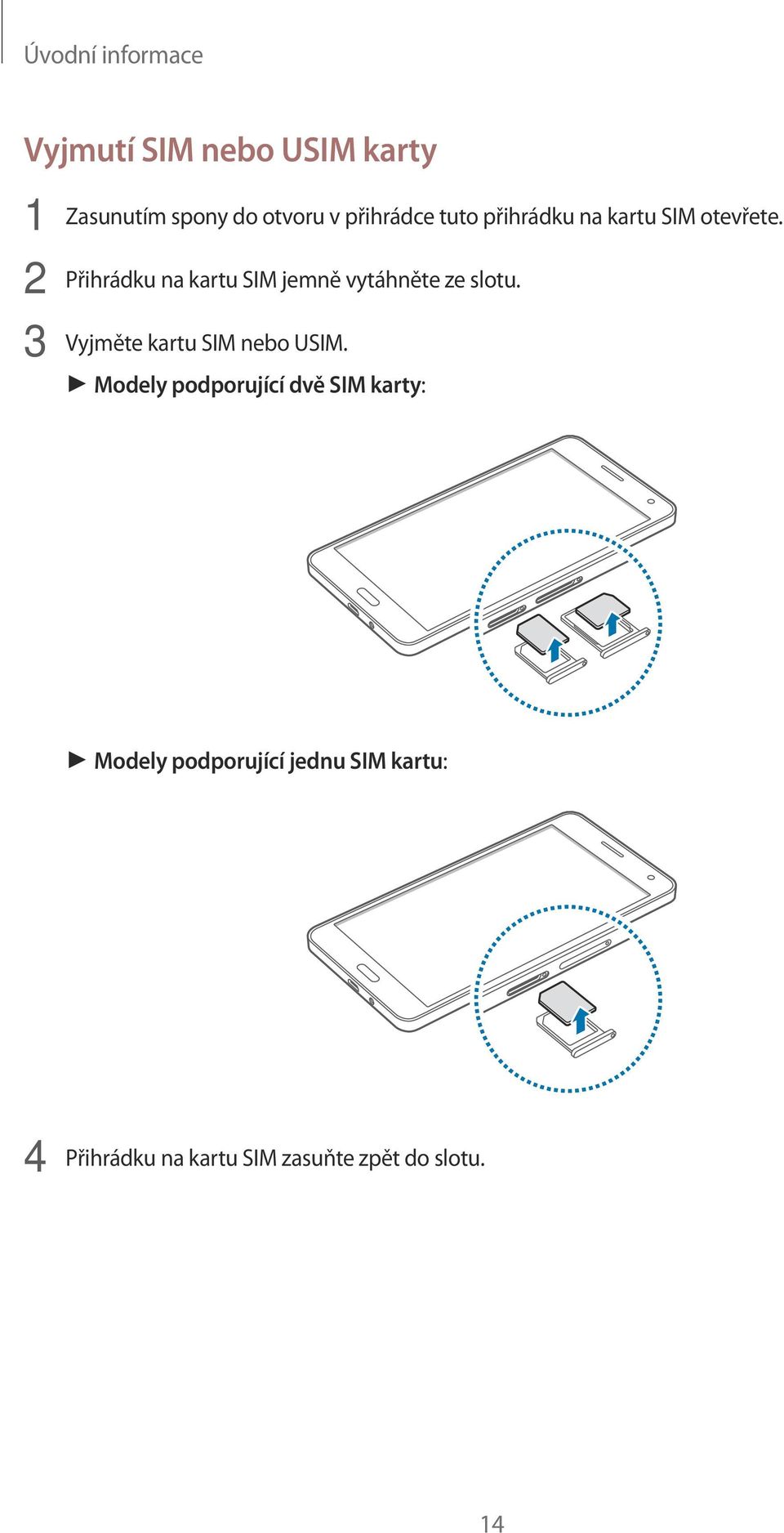 2 Přihrádku na kartu SIM jemně vytáhněte ze slotu. 3 Vyjměte kartu SIM nebo USIM.