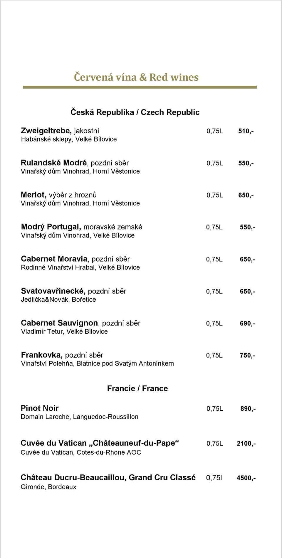 Jedlička&Novák, Bořetice Cabernet Sauvignon, pozdní sběr 0,75L 690,- Vladimír Tetur, Velké Bílovice Frankovka, pozdní sběr 0,75L 750,- Vinařství Polehňa, Blatnice pod Svatým Antonínkem Pinot