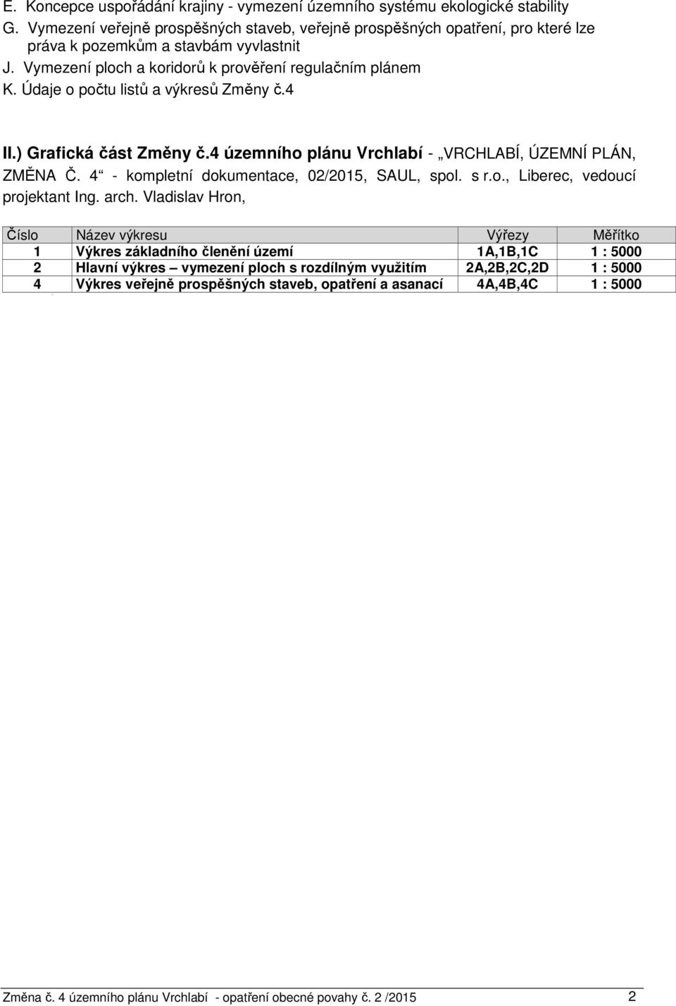 Údaje o počtu listů a výkresů Změny č.4 II.) Grafická část Změny č.4 územního plánu Vrchlabí - VRCHLABÍ, ÚZEMNÍ PLÁN, ZMĚNA Č. 4 - kompletní dokumentace, 02/2015, SAUL, spol. s r.o., Liberec, vedoucí projektant Ing.