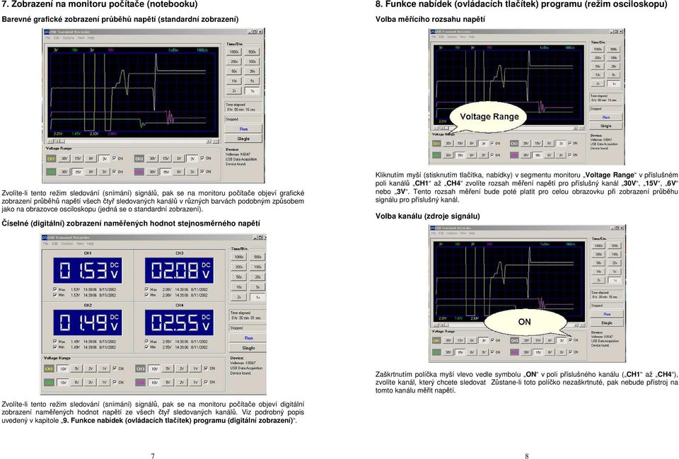 zobrazení průběhů napětí všech čtyř sledovaných kanálů v různých barvách podobným způsobem jako na obrazovce osciloskopu (jedná se o standardní zobrazení).