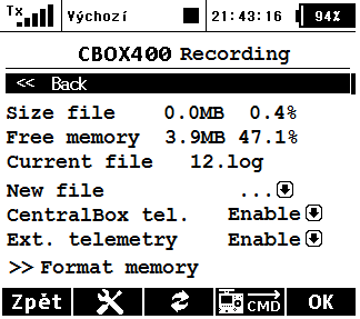 5.8 Načtení výchozího nastavení Reset do výchozího nastavení - načtení výchozího nastavení Central Boxu 6. Záznam dat Central Box 400 je vybaven vnitrní pamětí o velikosti 8MB.