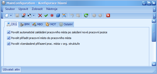 2. Systémové nastavení 2.1. Konfigurace hlavní Konfigurace hlavní slouží k dodatečné možnosti administrátorské konfigurace systému a některých funkcí jeho modulů (např. BPM, ORG, MOT). 2.1.1. ORG Možná nastavení: Povolit automatické zakládání pracovního místa po založení nové pracovní pozice způsobí, že jakmile dojde v ORG > Číselníky org.