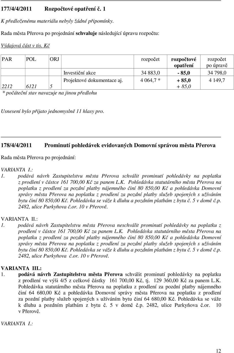 4 064,7 * + 85,0 4 149,7 2212 6121 5 + 85,0 * počáteční stav navazuje na jinou předlohu 178/4/4/2011 Prominutí pohledávek evidovaných Domovní správou města Přerova VARIANTA I.: 1.