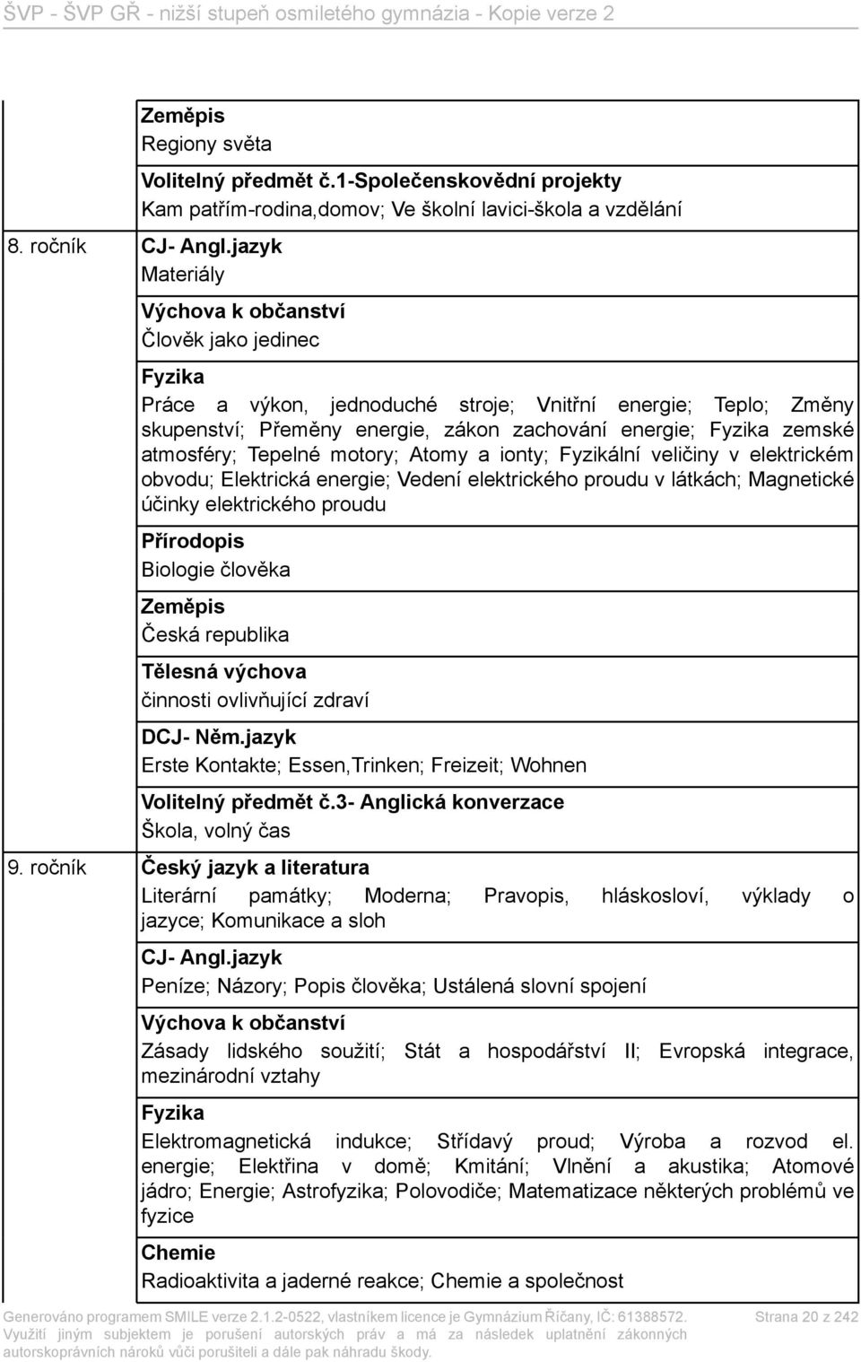 atmosféry; Tepelné motory; Atomy a ionty; Fyzikální veličiny v elektrickém obvodu; Elektrická energie; Vedení elektrického proudu v látkách; Magnetické účinky elektrického proudu Přírodopis Biologie