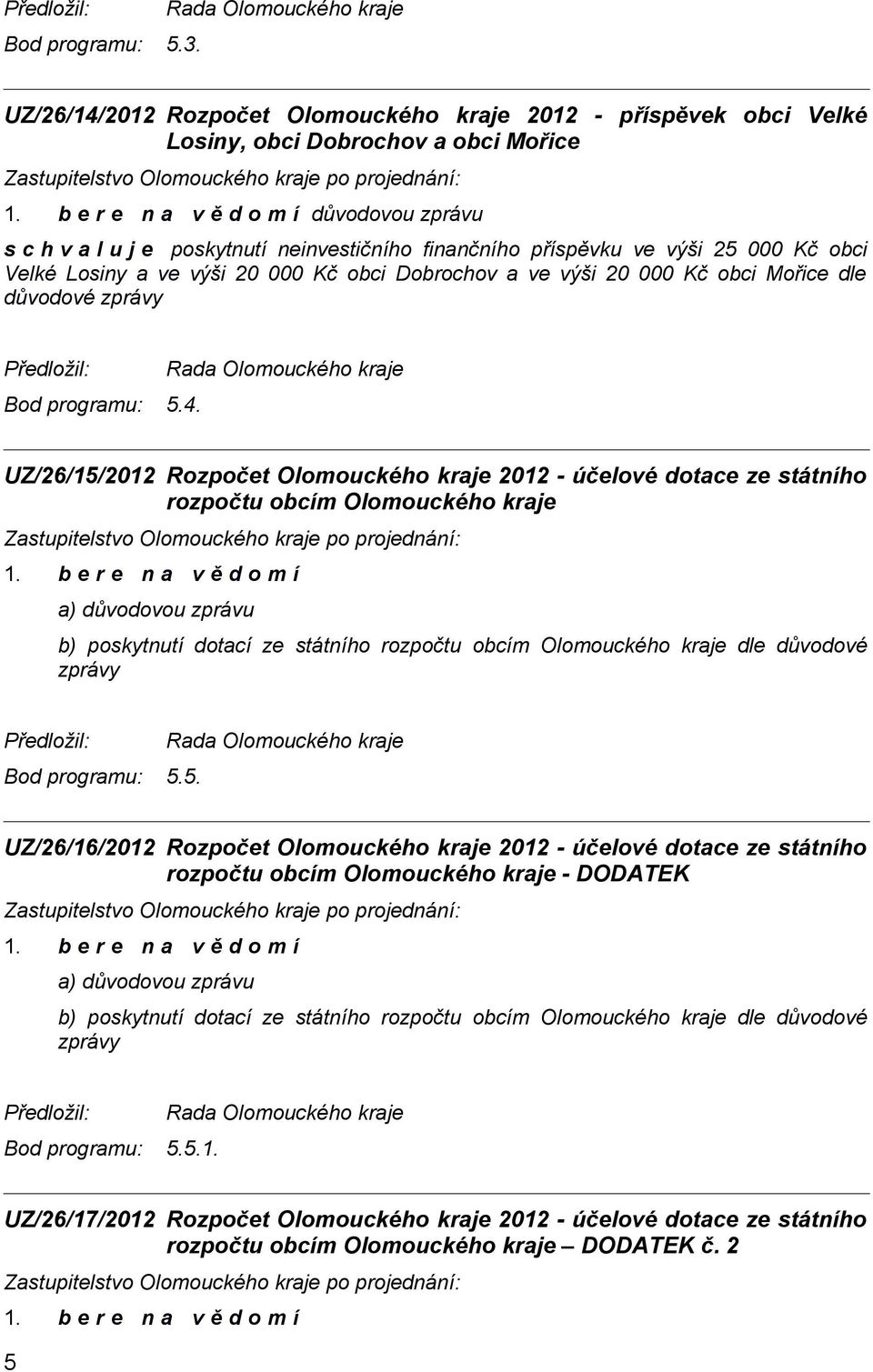 Losiny a ve výši 20 000 Kč obci Dobrochov a ve výši 20 000 Kč obci Mořice dle důvodové zprávy Bod programu: 5.4.