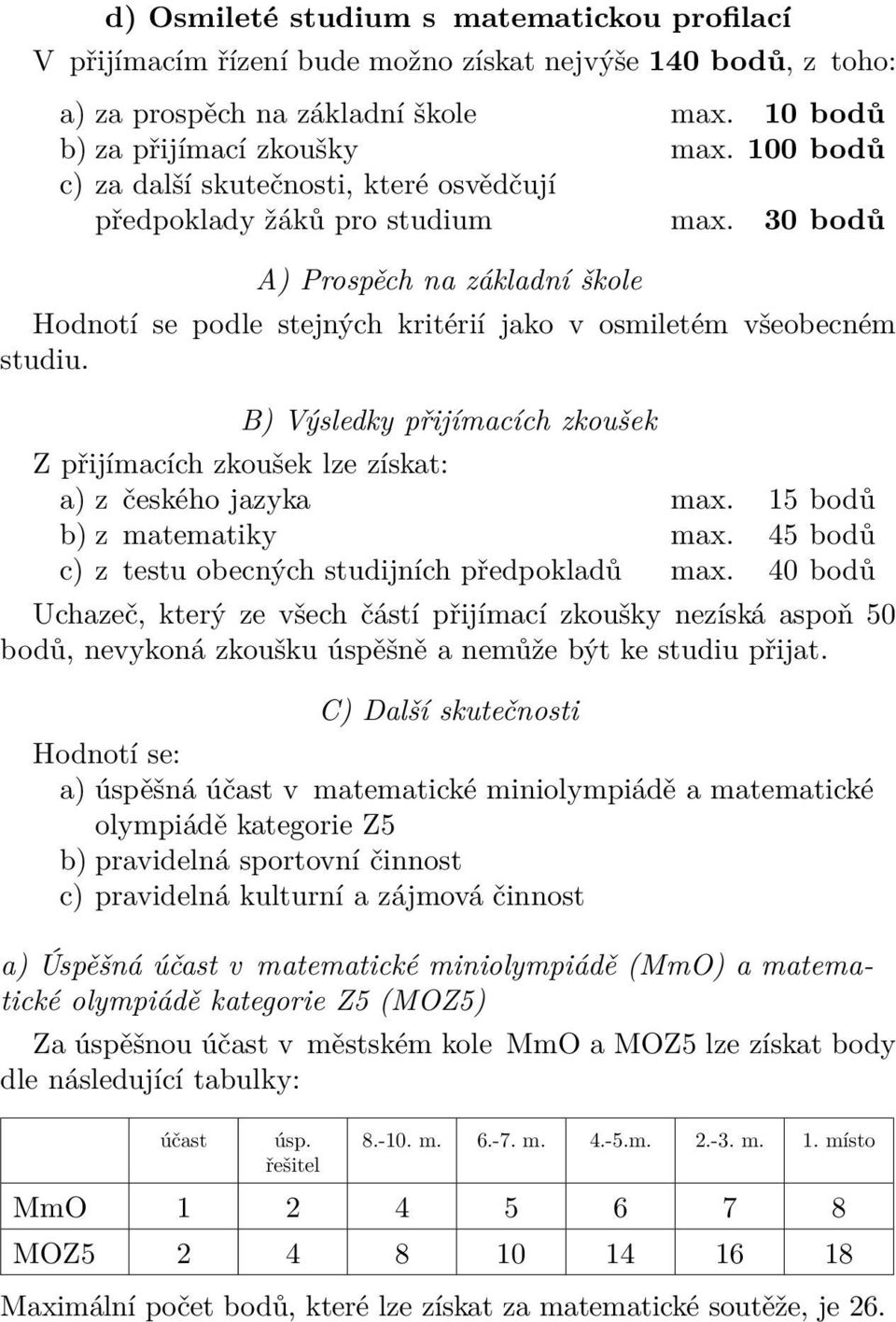 B) Výsledky přijímacích zkoušek Z přijímacích zkoušek lze získat: a) z českého jazyka max. 15 bodů b) z matematiky max. 45 bodů c) z testu obecných studijních předpokladů max.