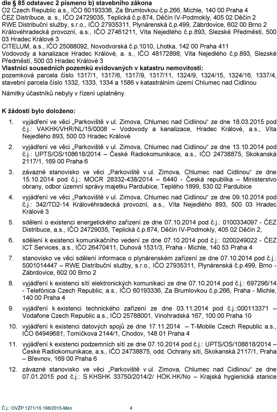 p.1010, Lhotka, 142 00 Praha 411 Vodovody a kanalizace Hradec Králové, a. s., IČO 48172898, Víta Nejedlého č.p.893, Slezské Předměstí, 500 03 Hradec Králové 3 Námitky účastníků nebyly v řízení uplatněny.