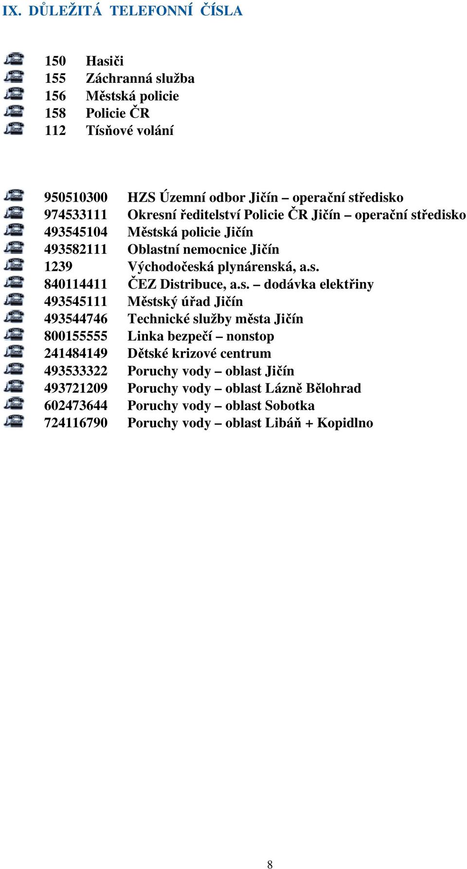 s. dodávka elektřiny 493545111 Městský úřad Jičín 493544746 Technické služby města Jičín 800155555 Linka bezpečí nonstop 241484149 Dětské krizové centrum 493533322 Poruchy