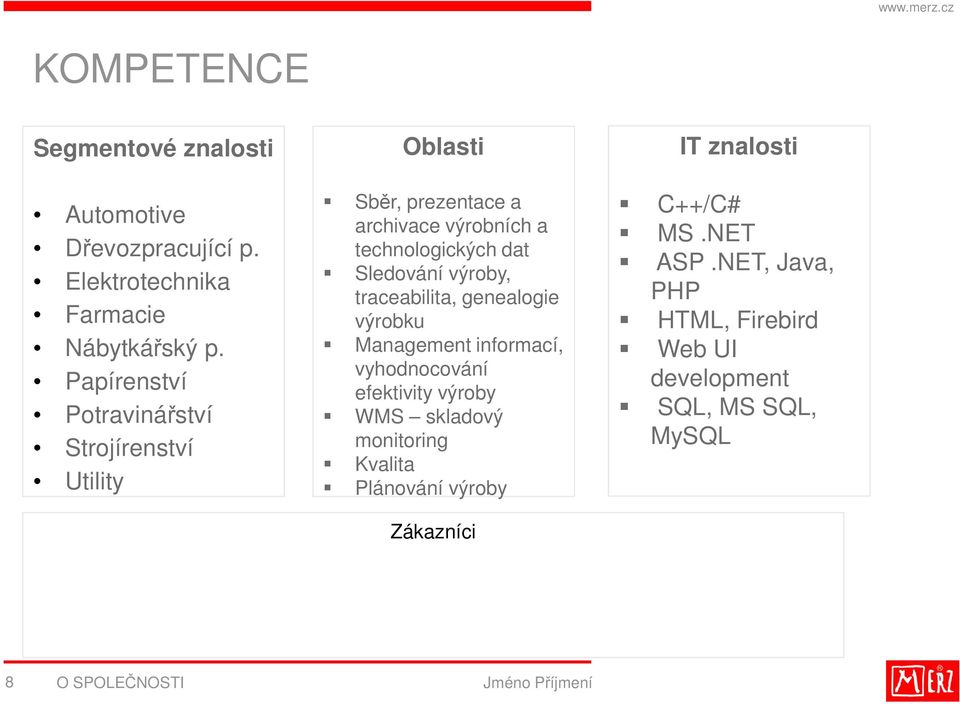 výroby, traceabilita, genealogie výrobku Management informací, vyhodnocování efektivity výroby WMS skladový monitoring Kvalita