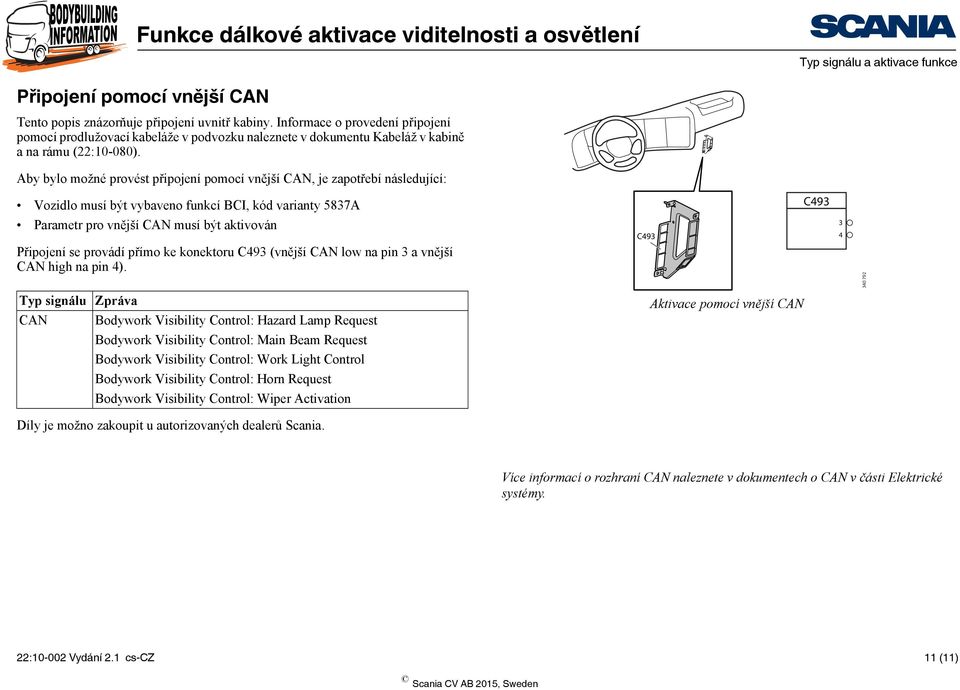 Aby bylo možné provést připojení pomocí vnější CAN, je zapotřebí následující: Vozidlo musí být vybaveno funkcí BCI, kód varianty 5837A C493 Parametr pro vnější CAN musí být aktivován Připojení se