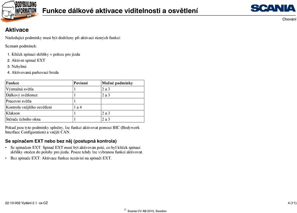 2 a 3 Pokud jsou tyto podmínky splněny, lze funkci aktivovat pomocí BIC (Bodywork Interface Configuration) a vnější CAN.