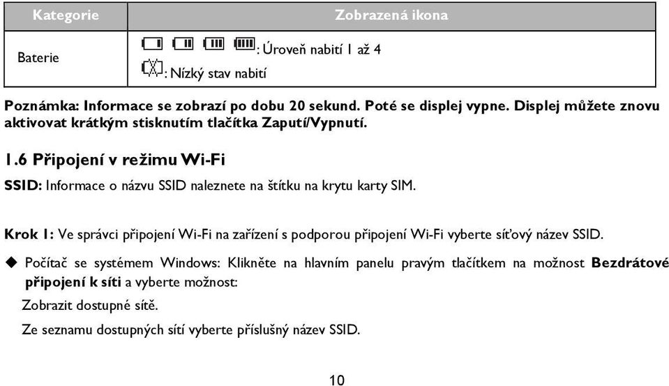 6 Připojení v režimu Wi-Fi SSID: Informace o názvu SSID naleznete na štítku na krytu karty SIM.