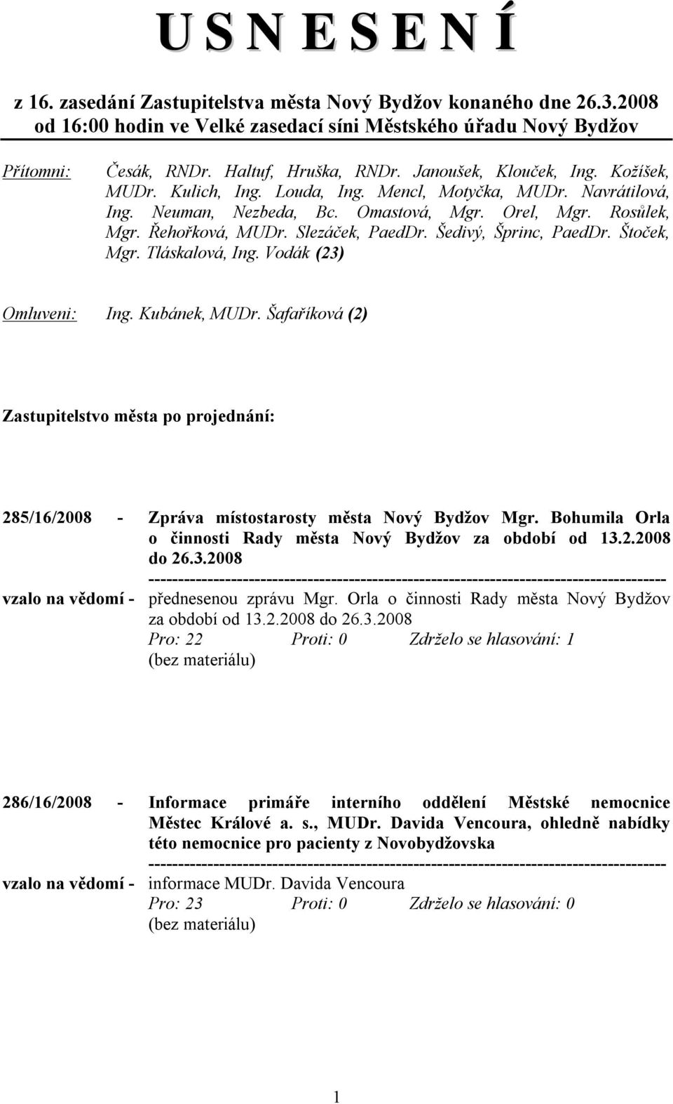 Šedivý, Šprinc, PaedDr. Štoček, Mgr. Tláskalová, Ing. Vodák (23) Omluveni: Ing. Kubánek, MUDr.