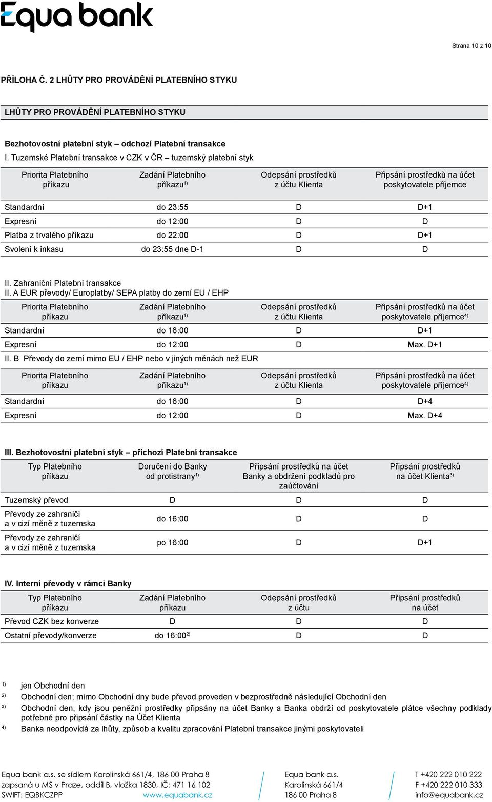 do 23:55 D D+1 Expresní do 12:00 D D Platba z trvalého do 22:00 D D+1 Svolení k inkasu do 23:55 dne D-1 D D II. Zahraniční Platební transakce II.