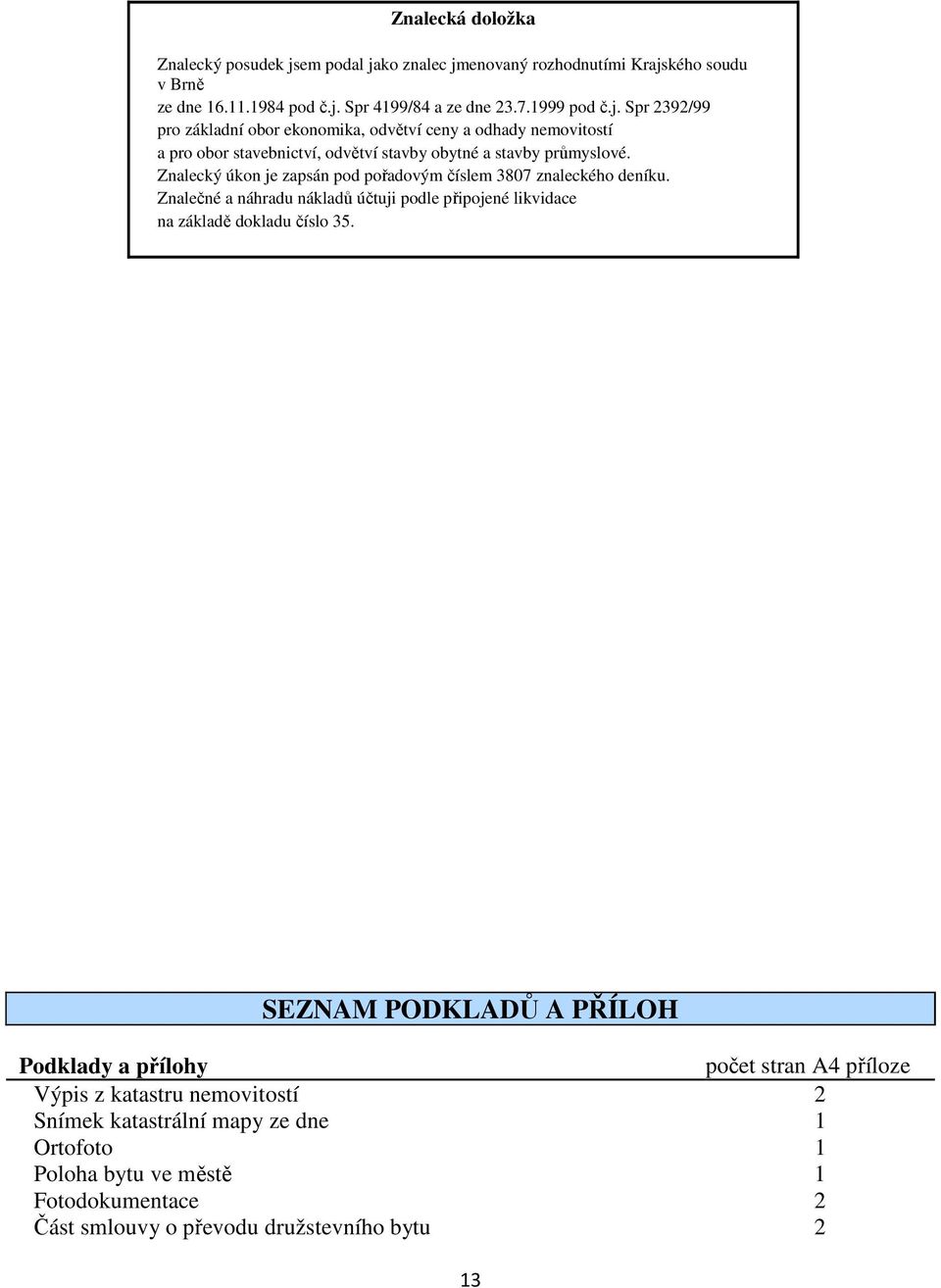 Znalecký úkon je zapsán pod pořadovým číslem 3807 znaleckého deníku. Znalečné a náhradu nákladů účtuji podle připojené likvidace na základě dokladu číslo 35.