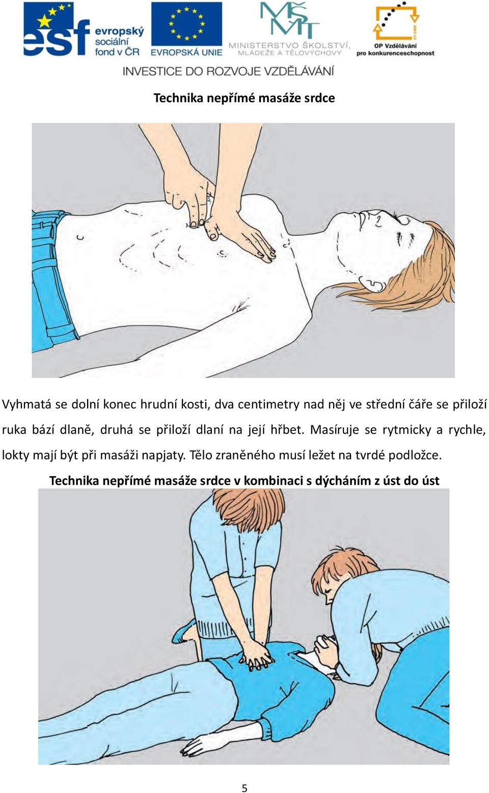 Masíruje se rytmicky a rychle, lokty mají být při masáži napjaty.