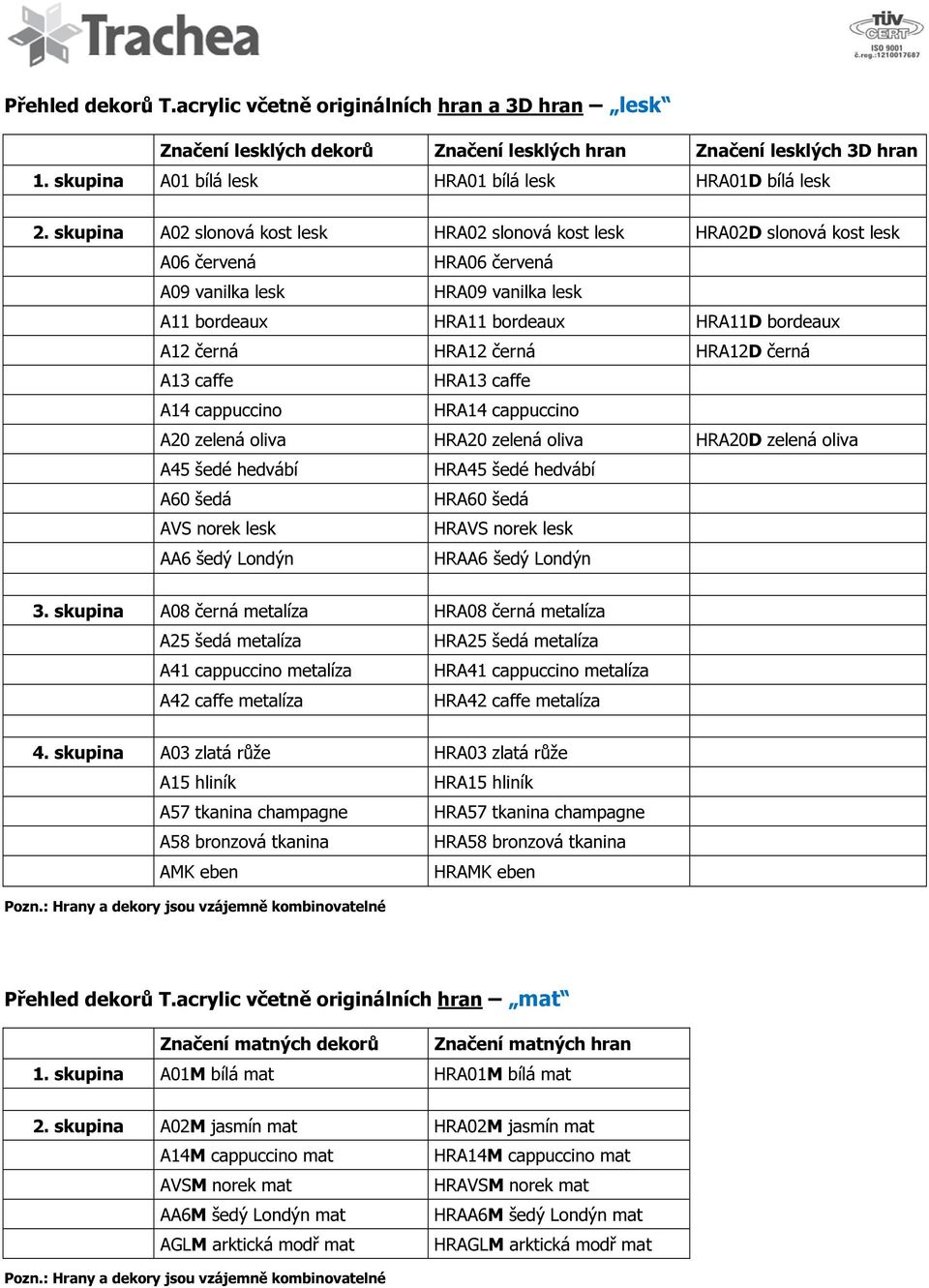 HRA12 černá HRA12D černá A13 caffe HRA13 caffe A14 cappuccino HRA14 cappuccino A20 zelená oliva HRA20 zelená oliva HRA20D zelená oliva A45 šedé hedvábí HRA45 šedé hedvábí A60 šedá HRA60 šedá AVS