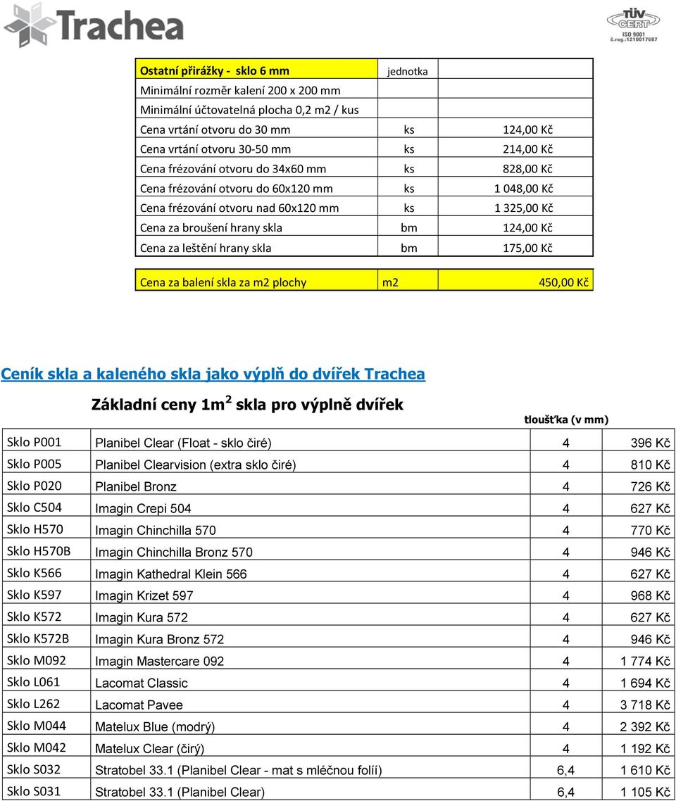 leštění hrany skla bm 175,00 Kč Cena za balení skla za m2 plochy m2 450,00 Kč Ceník skla a kaleného skla jako výplň do dvířek Trachea Základní ceny 1m 2 skla pro výplně dvířek tloušťka (v mm) Sklo