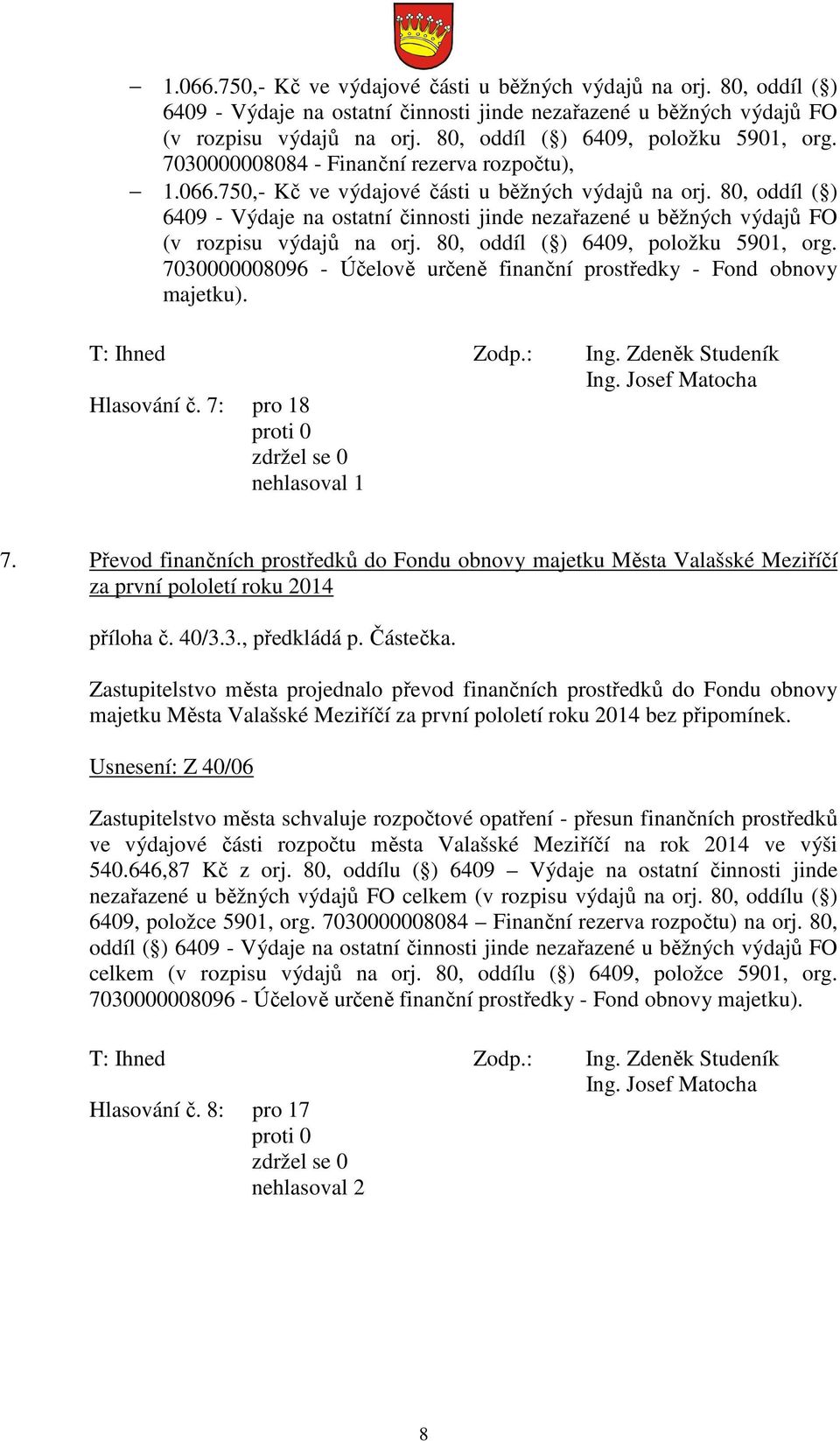 T: Ihned Zodp.: Ing. Zdeněk Studeník Hlasování č. 7: pro 18 nehlasoval 1 7. Převod finančních prostředků do Fondu obnovy majetku Města Valašské Meziříčí za první pololetí roku 2014 příloha č. 40/3.