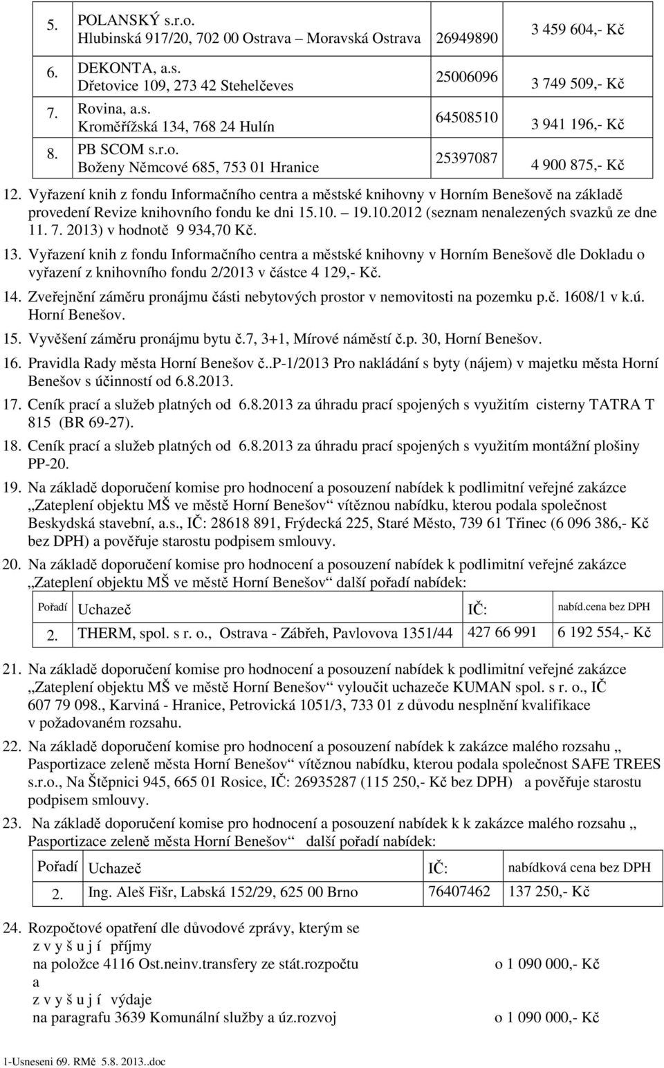 2013) v hodnotě 9 934,70 Kč. 13. Vyřzení knih z fondu Informčního centr městské knihovny v Horním Benešově dle Dokldu o vyřzení z knihovního fondu 2/2013 v částce 4 129,- Kč. 14.