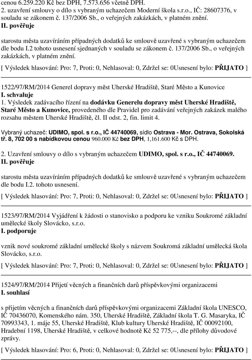 2 tohoto usnesení sjednaných v souladu se zákonem č. 137/2006 Sb., o veřejných zakázkách, v platném znění. 1522/97/RM/2014 Generel dopravy měst Uherské Hradiště, Staré Město a Kunovice 1.