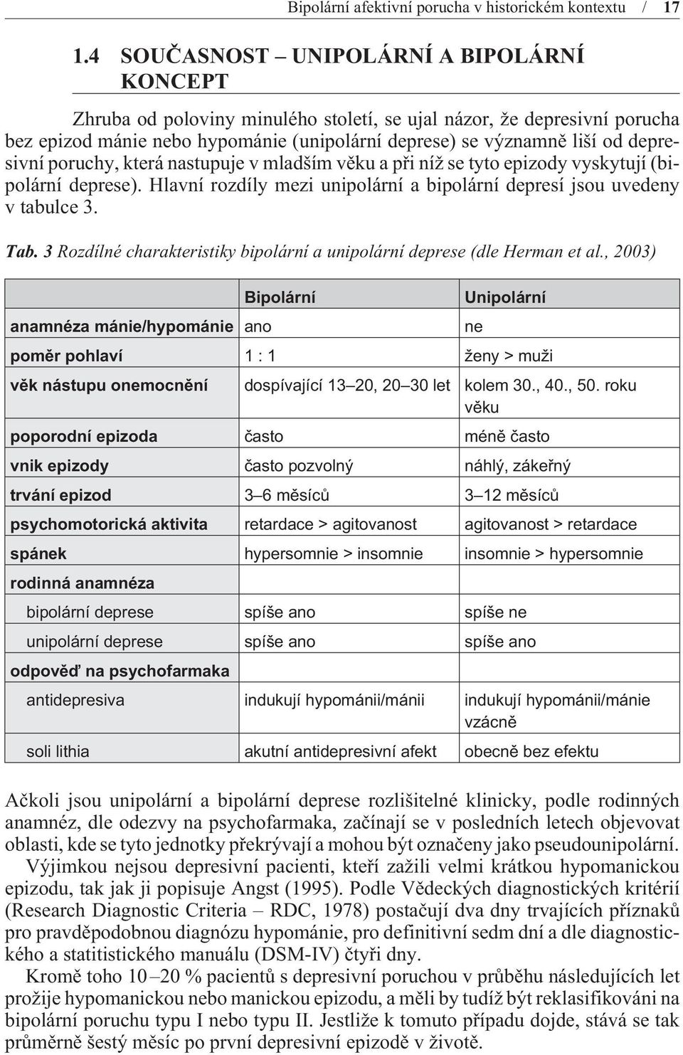 3 Rozdílné charakteristiky bipolární a unipolární deprese (dle Herman et al.