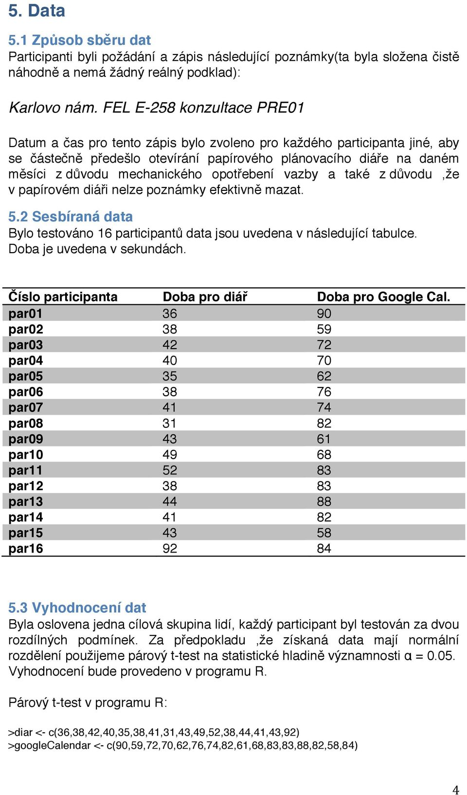 mechanického opotřebení vazby a také z důvodu,že v papírovém diáři nelze poznámky efektivně mazat. 5.2 Sesbíraná data Bylo testováno 16 participantů data jsou uvedena v následující tabulce.