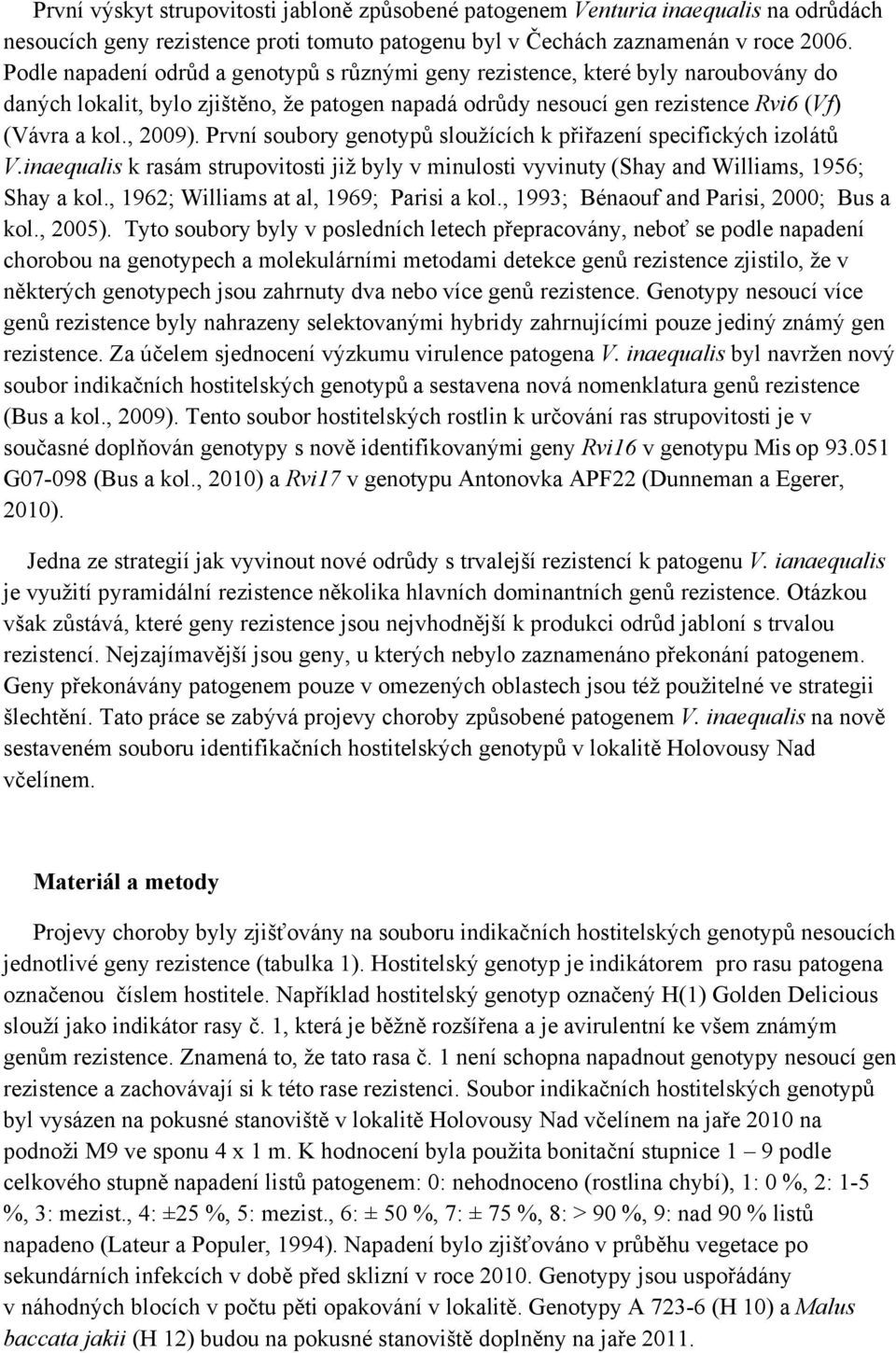 První soubory genotypů sloužících k přiřazení specifických izolátů V.inaequalis k rasám strupovitosti již byly v minulosti vyvinuty (Shay and Williams, 1956; Shay a kol.