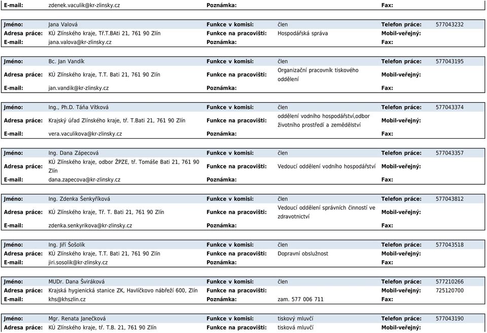 vandik@kr-zlinsky.cz Poznámka: Fax: Jméno: Ing., Ph.D. Táňa Vítková Funkce v komisi: člen Telefon práce: 577043374 Krajský úřad Zlínského kraje, tř. T.Bati 21, 761 90 Zlín Funkce na pracovišti: oddělení vodního hospodářství,odbor životního prostředí a zemědělství E-mail: vera.