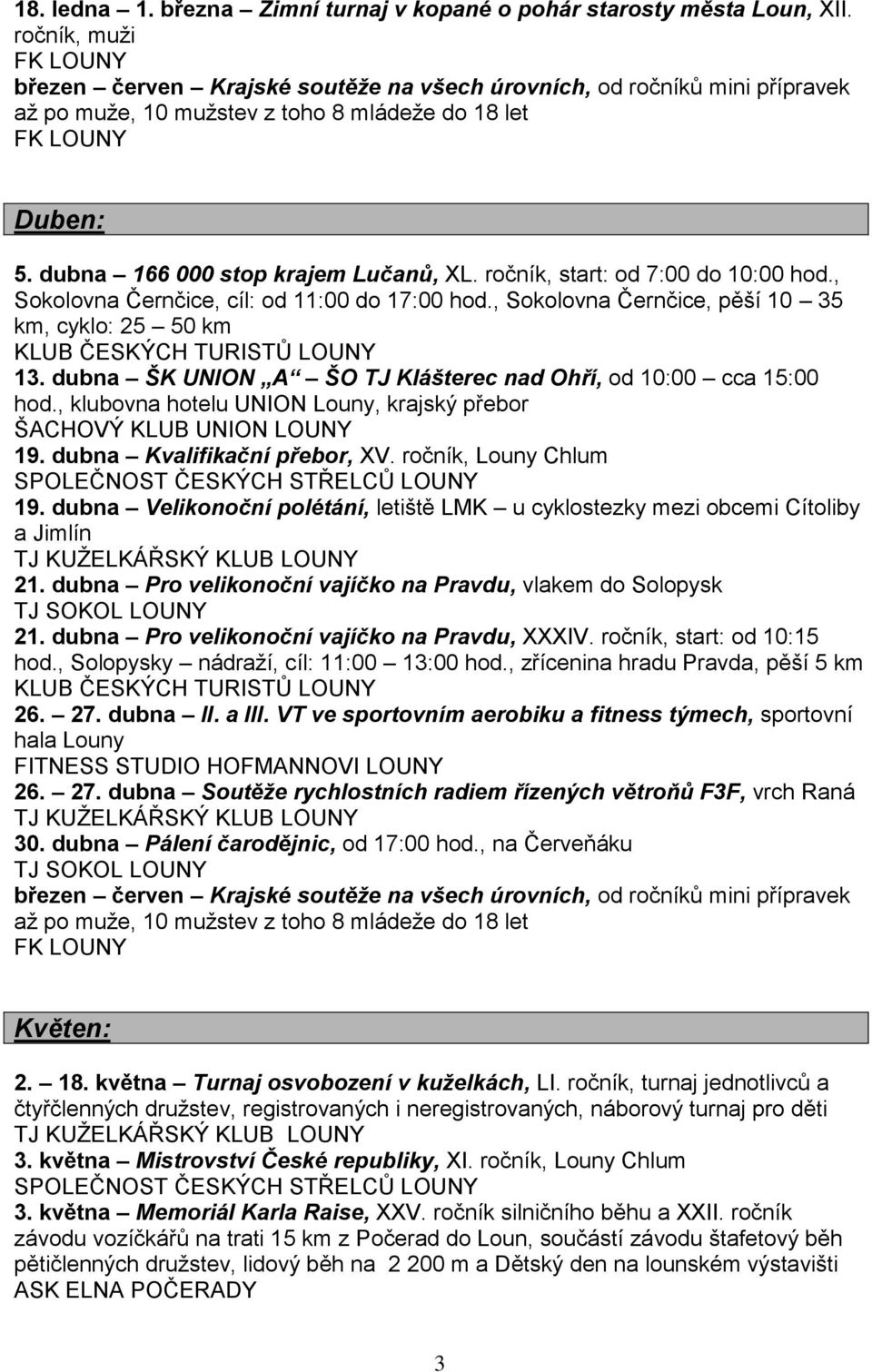 dubna ŠK UNION A ŠO TJ Klášterec nad Ohří, od 10:00 cca 15:00 hod., klubovna hotelu UNION Louny, krajský přebor 19. dubna Kvalifikační přebor, XV. ročník, Louny Chlum 19.