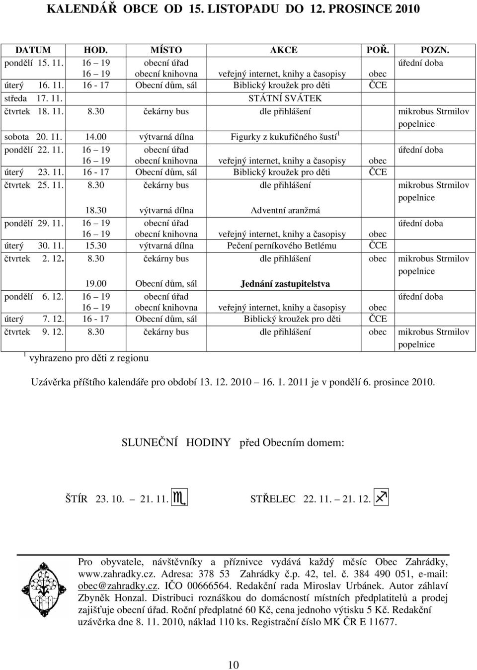 11. 8.30 čekárny bus dle přihlášení mikrobus Strmilov popelnice sobota 20. 11. 14.00 výtvarná dílna Figurky z kukuřičného šustí 1 pondělí 22. 11. 16 19 obecní úřad úřední doba 16 19 obecní knihovna veřejný internet, knihy a časopisy obec úterý 23.