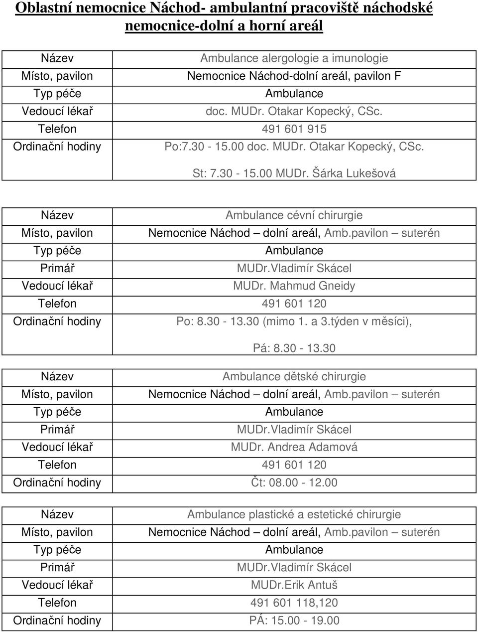 Mahmud Gneidy Telefon 491 601 120 Po: 8.30-13.30 (mimo 1. a 3.týden v měsíci), Pá: 8.30-13.30 dětské chirurgie Nemocnice Náchod dolní areál, Amb.pavilon suterén MUDr.Vladimír Skácel MUDr.