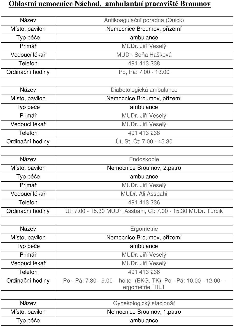 30 Endoskopie Nemocnice Broumov, 2.patro MUDr. Ali Assbahi Telefon 491 413 236 Út: 7.00-15.30 MUDr.