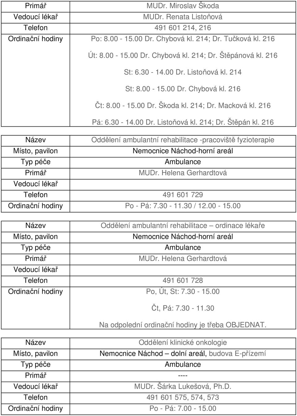 216 Oddělení ambulantní rehabilitace -pracoviště fyzioterapie Nemocnice Náchod-horní areál MUDr. Helena Gerhardtová Telefon 491 601 729 Po - Pá: 7.30-11.30 / 12.00-15.