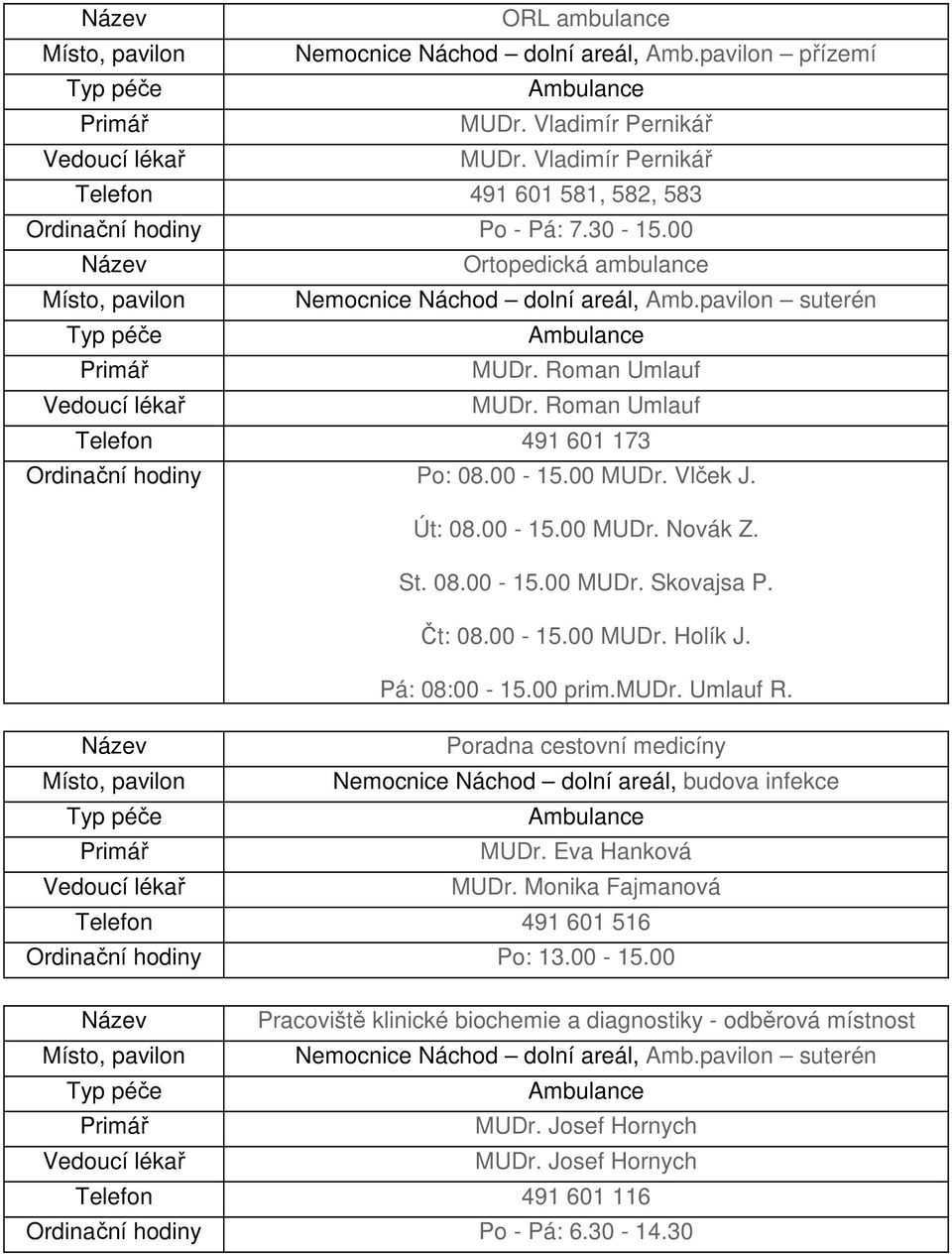 Čt: 08.00-15.00 MUDr. Holík J. Pá: 08:00-15.00 prim.mudr. Umlauf R. Poradna cestovní medicíny Nemocnice Náchod dolní areál, budova infekce MUDr. Eva Hanková MUDr.