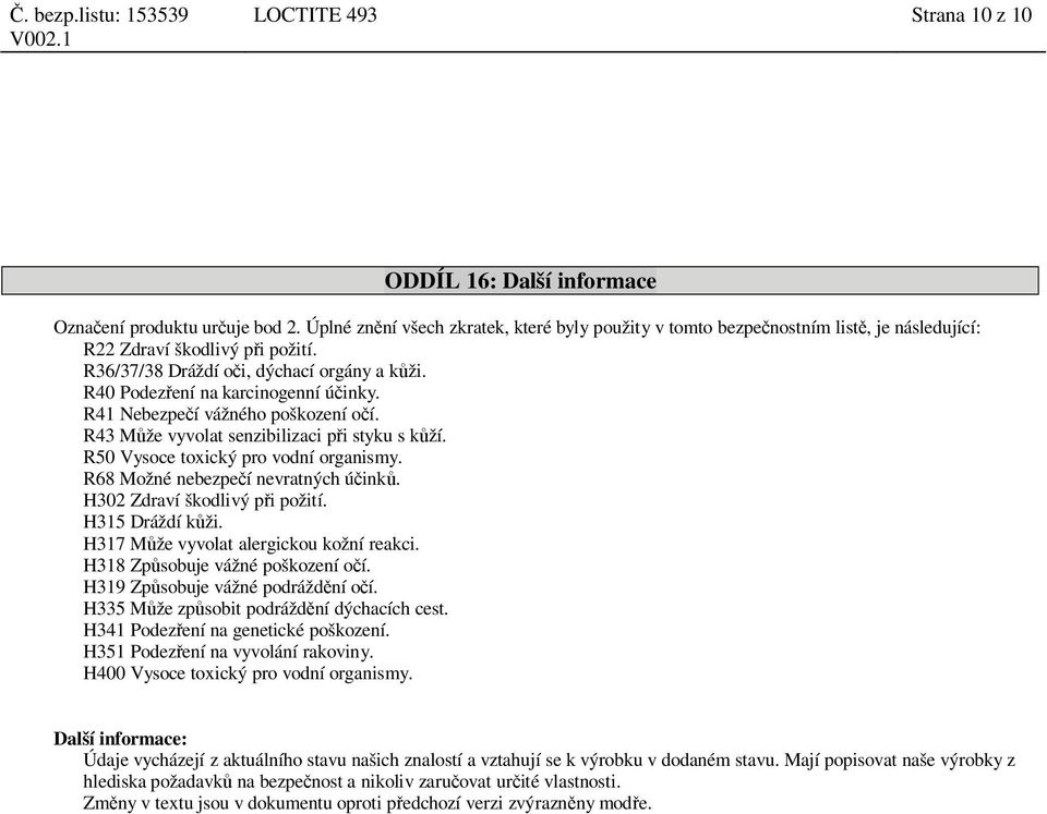 R40 Podez ení na karcinogenní ú inky. R41 Nebezpe í vážného poškození o í. R43 M že vyvolat senzibilizaci p i styku s k ží. R50 Vysoce toxický pro vodní organismy.
