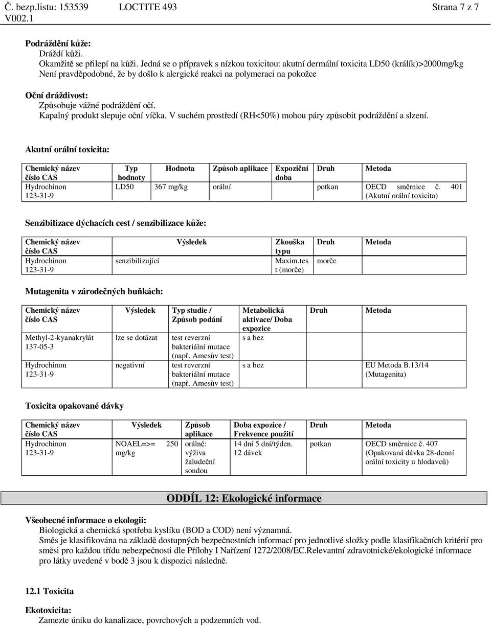 podrážd ní o í. Kapalný produkt slepuje o ní ví ka. V suchém prost edí (RH<50%) mohou páry zp sobit podrážd ní a slzení.