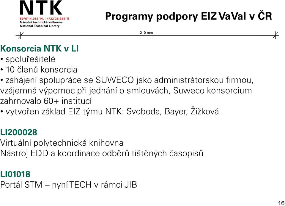 zahrnovalo 60+ institucí vytvořen základ EIZ týmu NTK: Svoboda, Bayer, Žižková LI200028 Virtuální