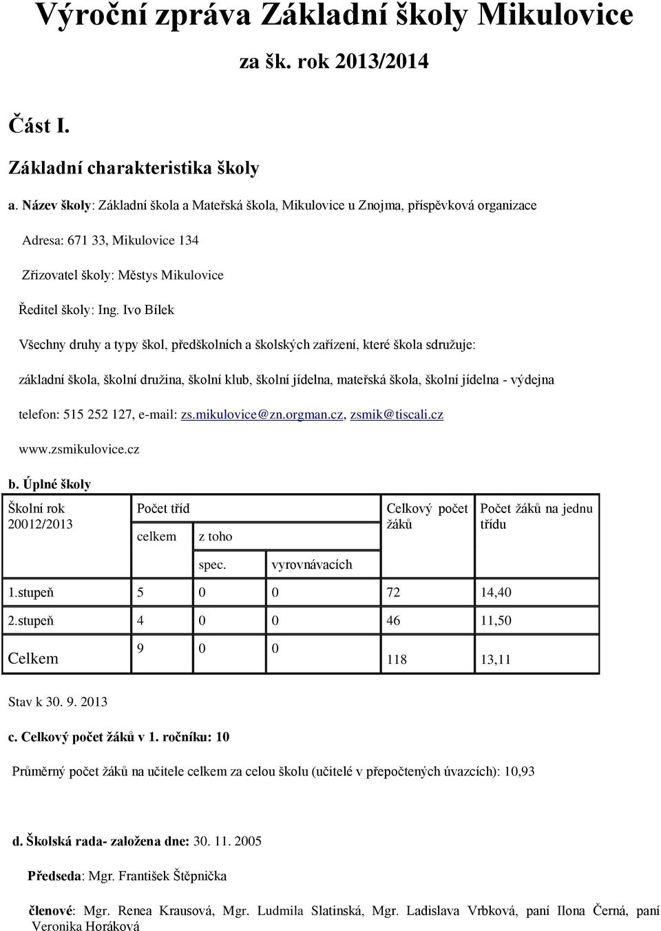 Ivo Bílek Všechny druhy a typy škol, předškolních a školských zařízení, které škola sdružuje: základní škola, školní družina, školní klub, školní jídelna, mateřská škola, školní jídelna - výdejna