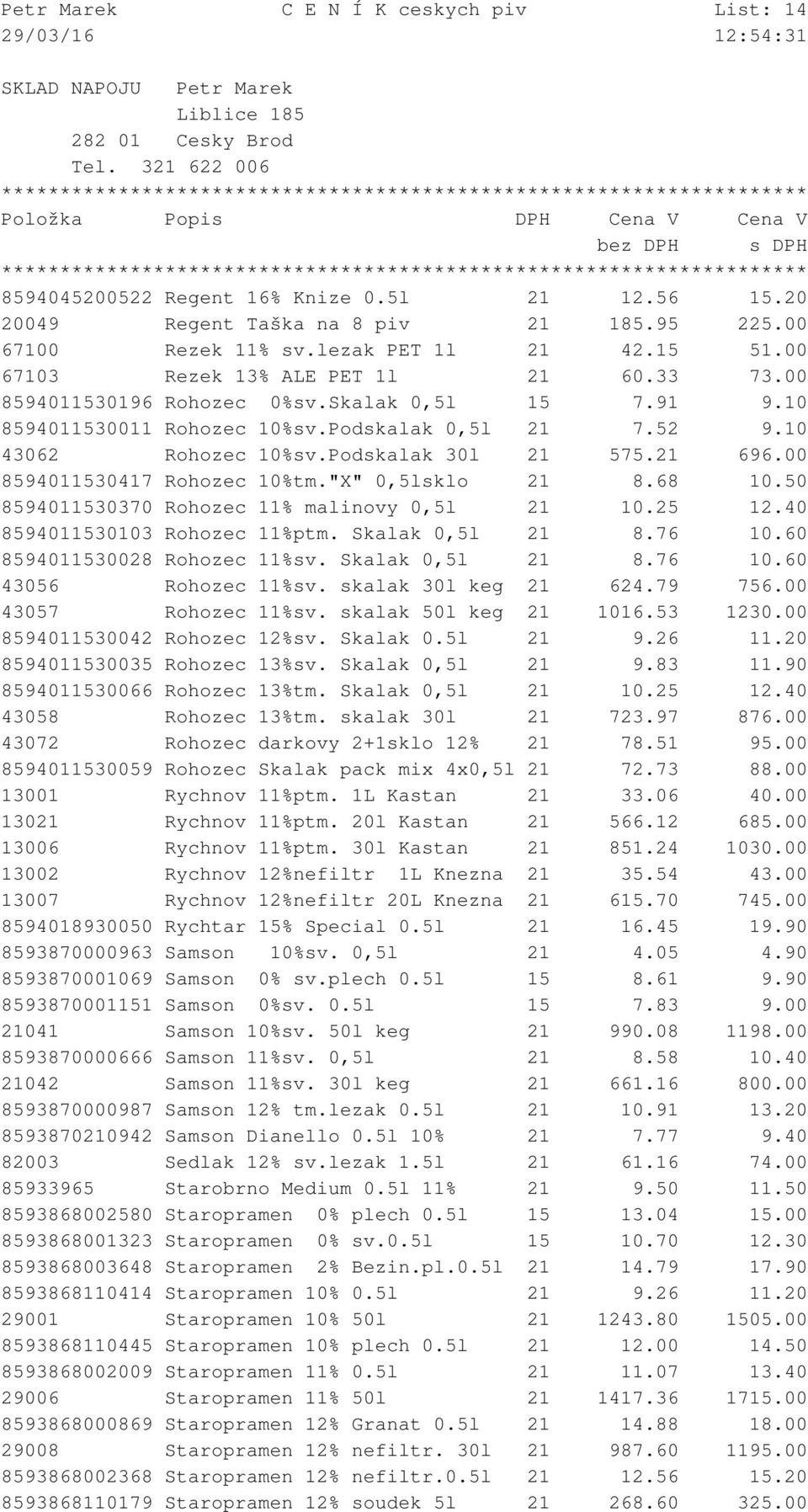 21 696.00 8594011530417 Rohozec 10%tm."X" 0,5lsklo 21 8.68 10.50 8594011530370 Rohozec 11% malinovy 0,5l 21 10.25 12.40 8594011530103 Rohozec 11%ptm. Skalak 0,5l 21 8.76 10.