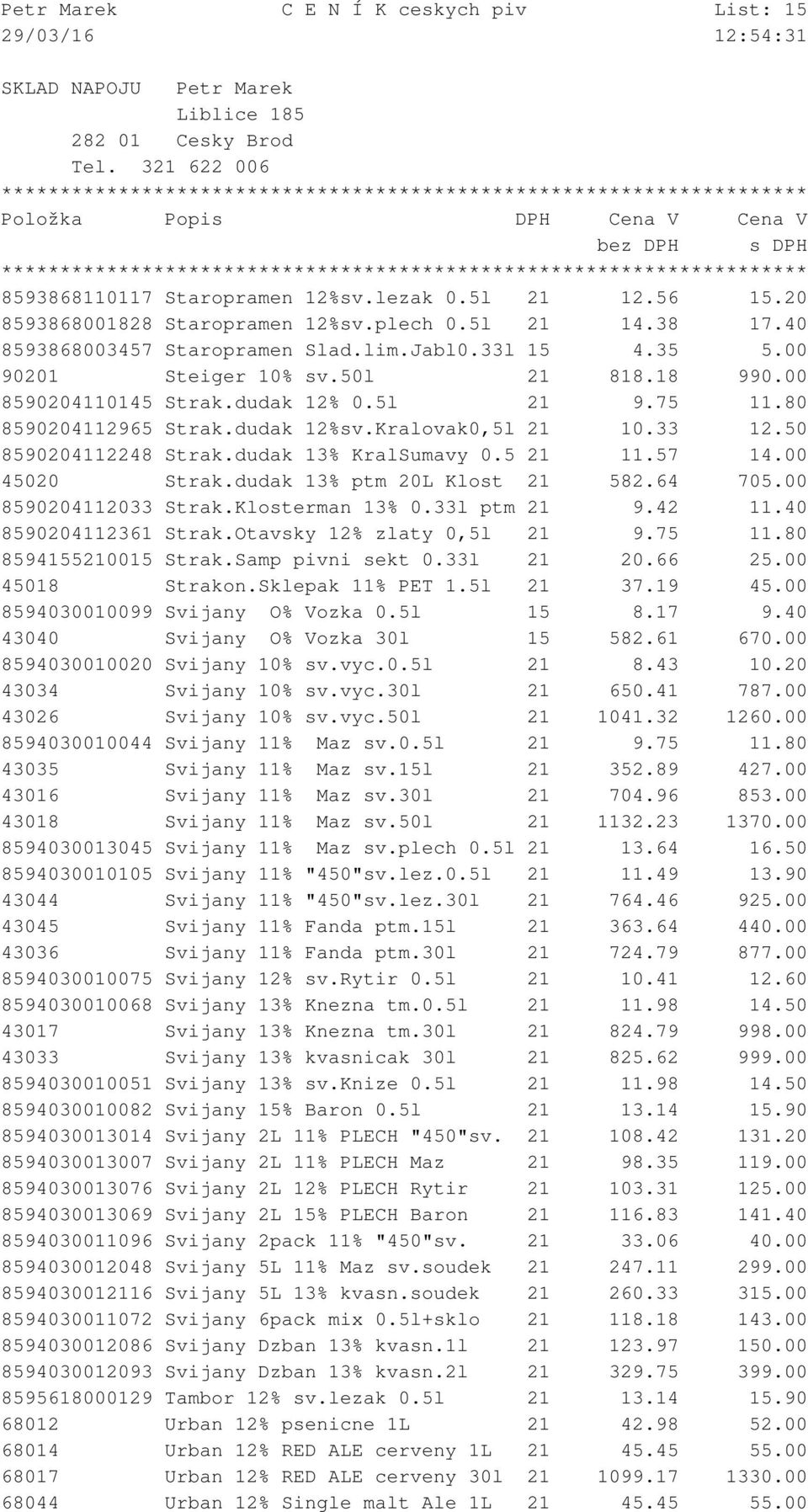 dudak 13% KralSumavy 0.5 21 11.57 14.00 45020 Strak.dudak 13% ptm 20L Klost 21 582.64 705.00 8590204112033 Strak.Klosterman 13% 0.33l ptm 21 9.42 11.40 8590204112361 Strak.Otavsky 12% zlaty 0,5l 21 9.