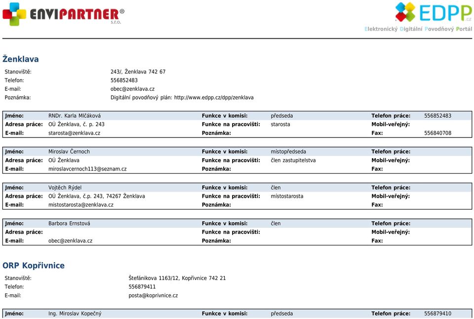 cz Poznámka: Fax: 556840708 Jméno: Miroslav Černoch Funkce v komisi: místopředseda Telefon práce: OÚ Ženklava Funkce na pracovišti: člen zastupitelstva E-mail: miroslavcernoch113@seznam.