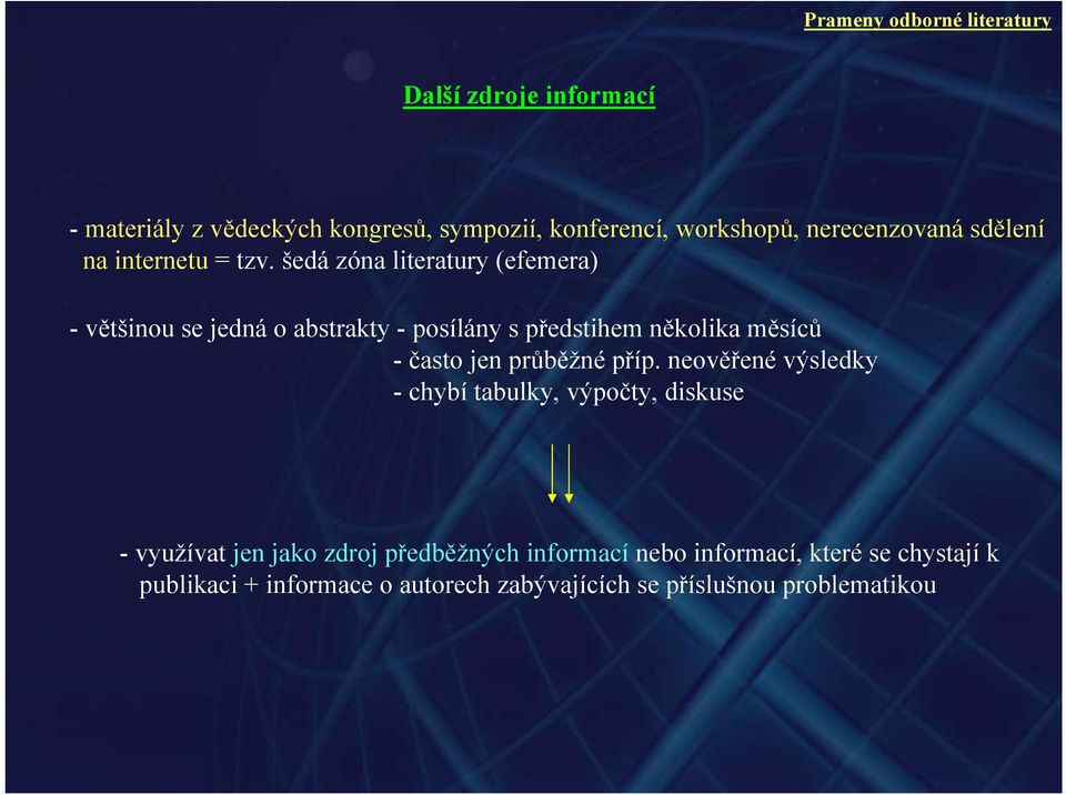 šedá zóna literatury (efemera) - většinou se jedná o abstrakty - posílány s předstihem několika měsíců - často jen