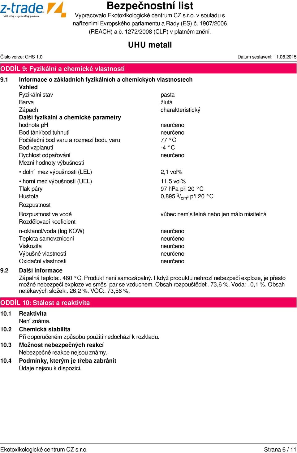 Počáteční bod varu a rozmezí bodu varu 77 C Bod vzplanutí -4 C Rychlost odpařování Mezní hodnoty výbušnosti dolní mez výbušnosti (LEL) 9.2 Další informace Zápalná teplota:. 460 C.