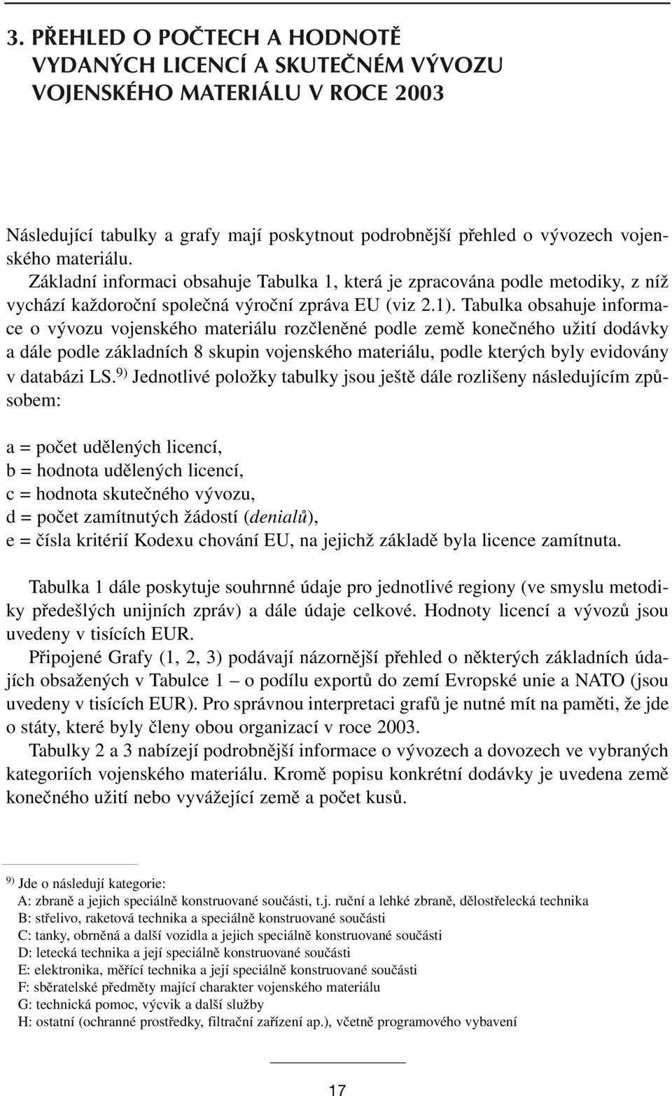 Tabulka obsahuje informace o vývozu vojenského materiálu rozčleněné podle země konečného užití dodávky a dále podle základních 8 skupin vojenského materiálu, podle kterých byly evidovány v databázi