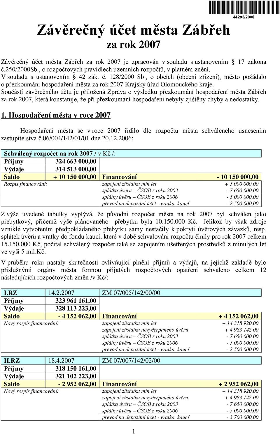 , o obcích (obecní zřízení), město požádalo o přezkoumání hospodaření města za rok 2007 Krajský úřad Olomouckého kraje.