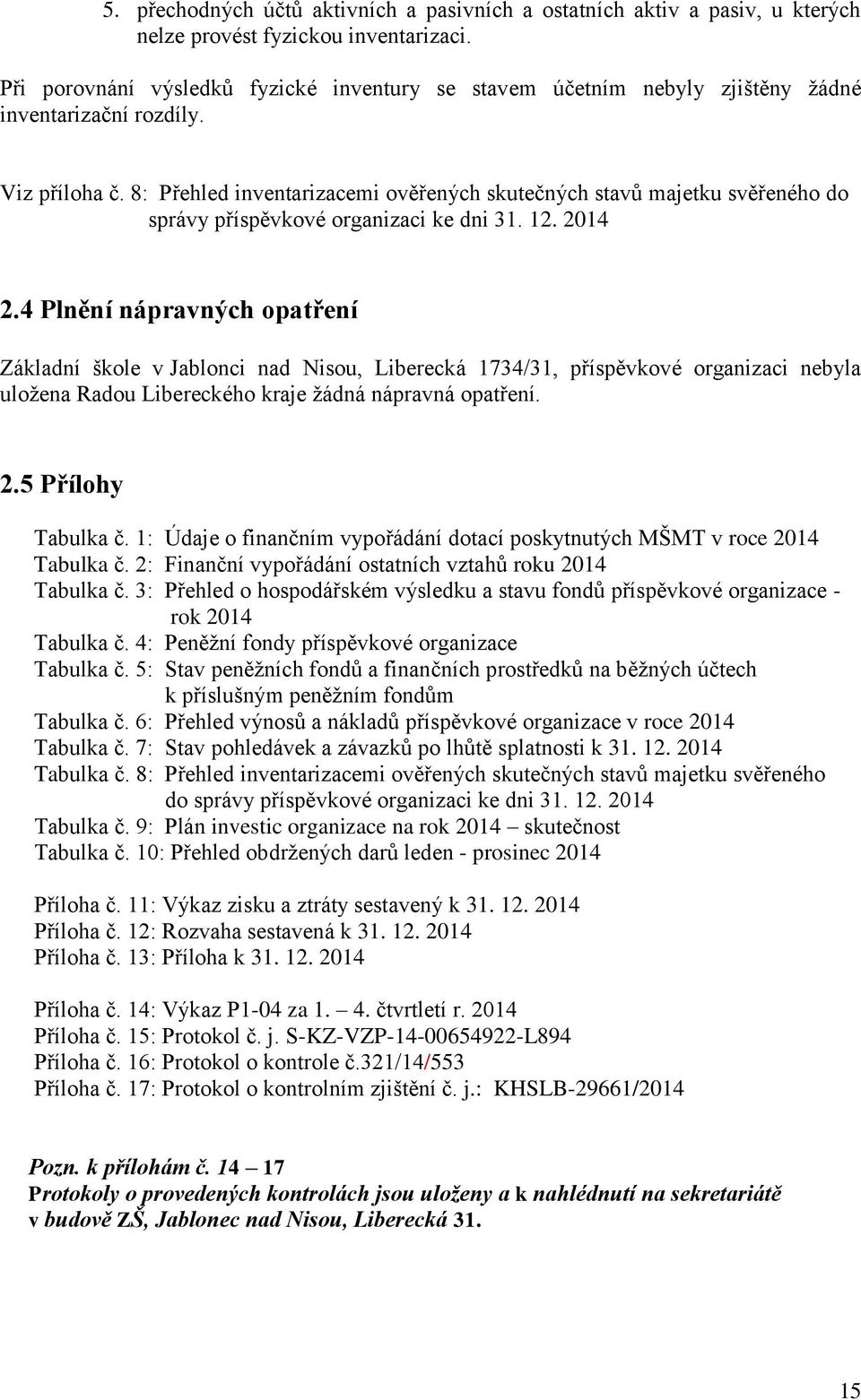 8: Přehled inventarizacemi ověřených skutečných stavů majetku svěřeného do správy příspěvkové organizaci ke dni 31. 12. 2014 2.