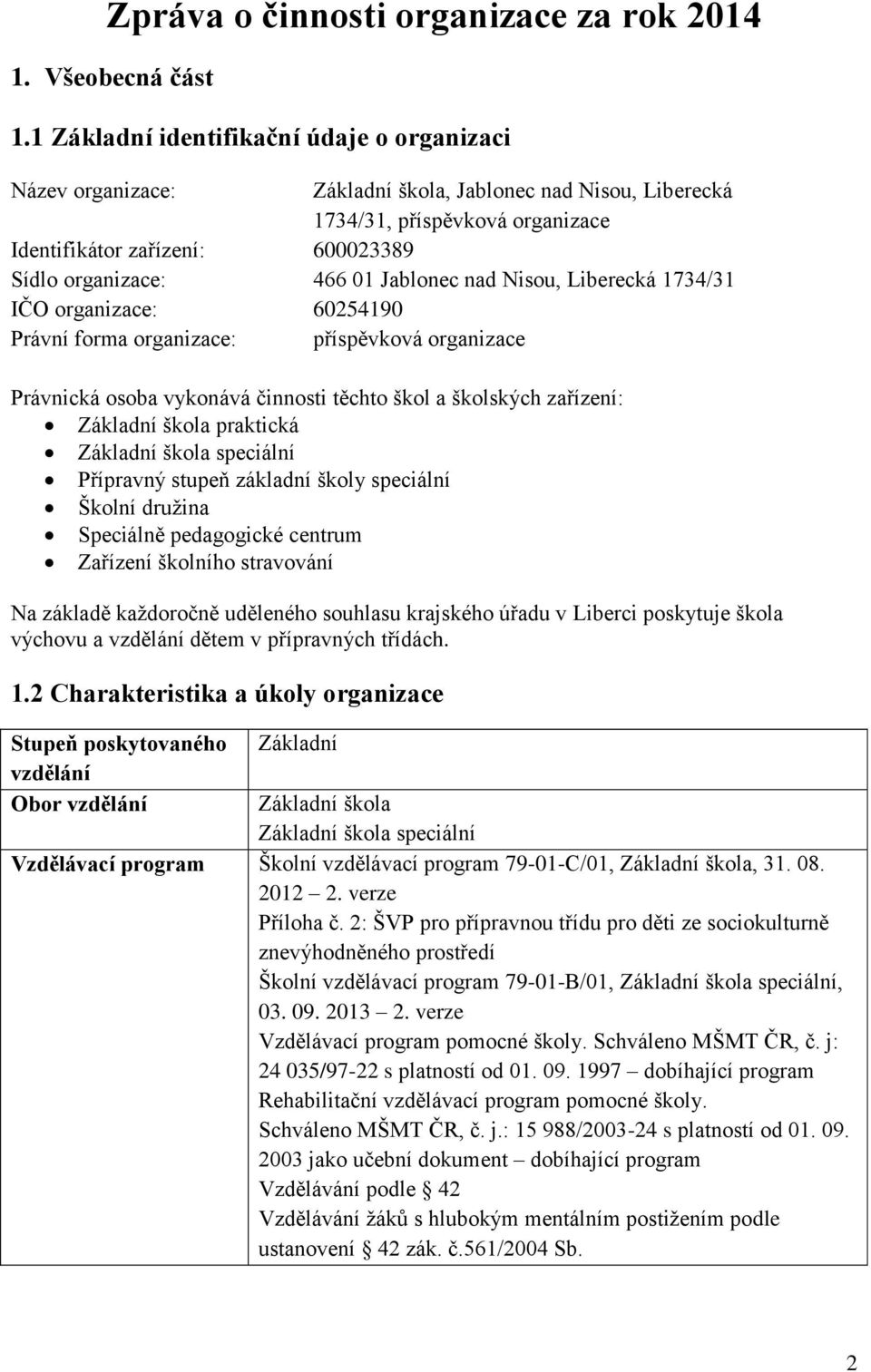 Jablonec nad Nisou, Liberecká 1734/31 IČO organizace: 60254190 Právní forma organizace: příspěvková organizace Právnická osoba vykonává činnosti těchto škol a školských zařízení: Základní škola